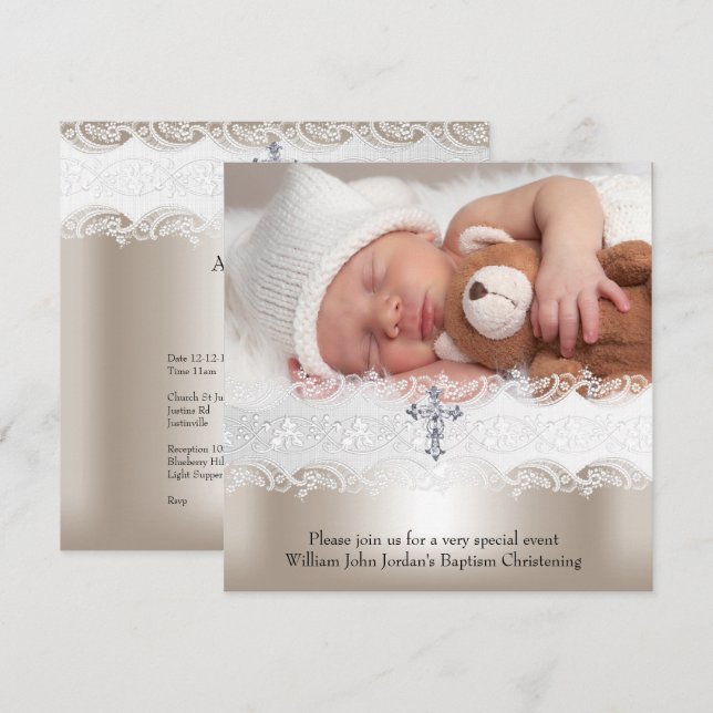 Invitation 1 Photo Baptême Croix Beige Blanc Bébé Garçon (Devant / Derrière)