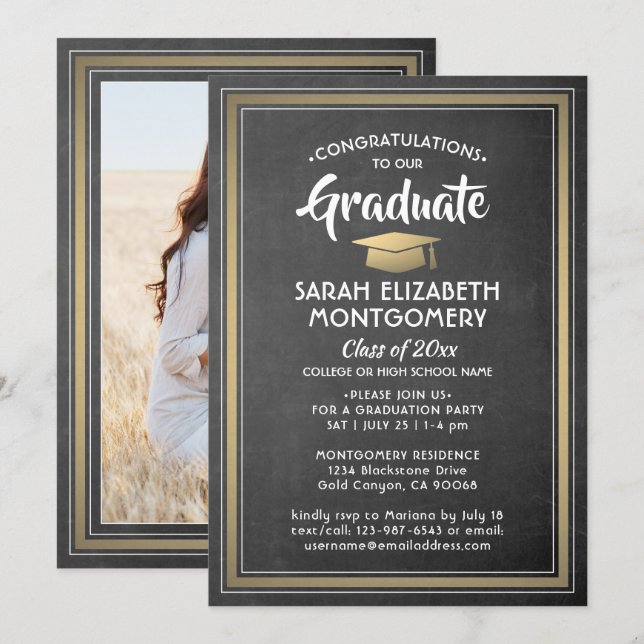 Invitation 1 Photo Elegant Black Chalkboard & Gold Graduation (Devant / Derrière)