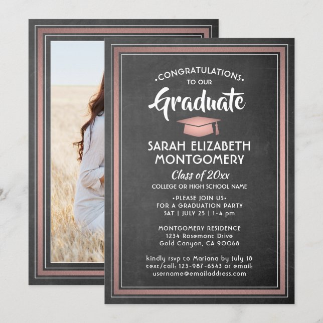 Invitation 1 Photo Elegant Black Chalkboard & Pink Graduation (Devant / Derrière)