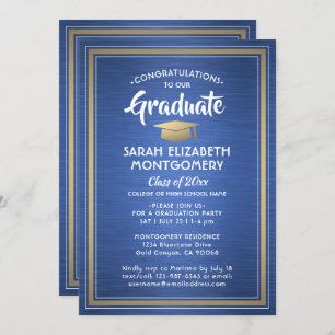 Invitation 1 Photo Elegant Blue Gold et White Graduation