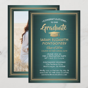 Invitation 1 Photo Elegant Green Gold et White Graduation