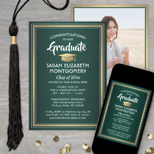 Invitation 1 Photo Elegant Green Gold et White Graduation