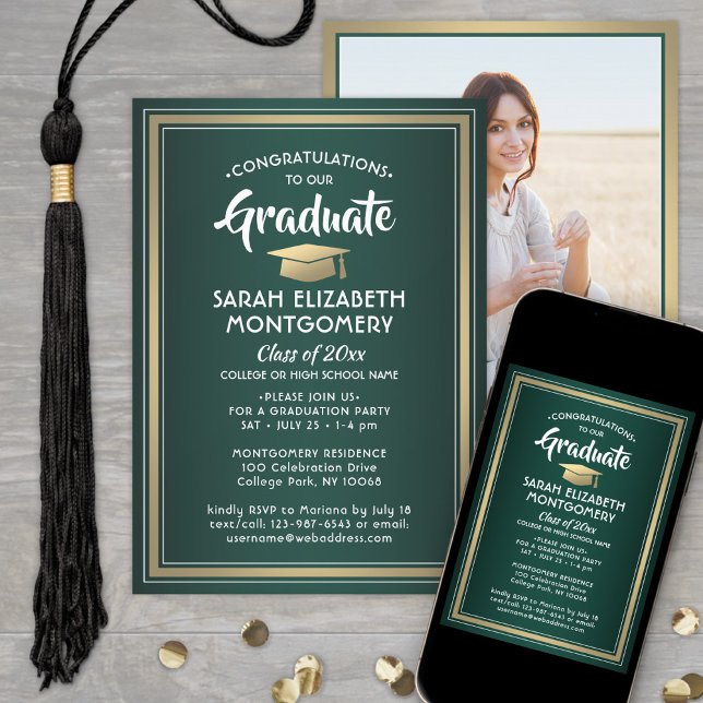 Invitation 1 Photo Elegant Green Gold et White Graduation (Créateur téléchargé)