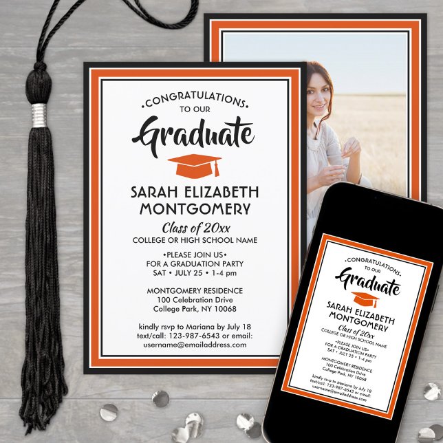 Invitation 1 Photo Elegant Orange noir et blanc Graduation (Créateur téléchargé)