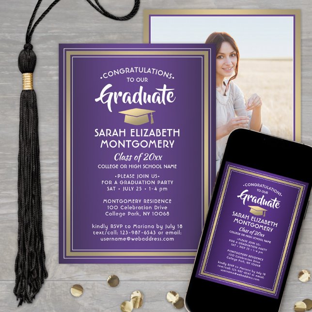 Invitation 1 Photo Elegant Purple Gold et White Graduation (Créateur téléchargé)