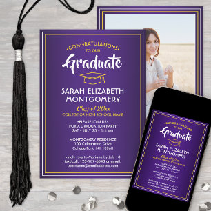 Invitation 1 Photo Elégant Purple Gold Yellow Graduation