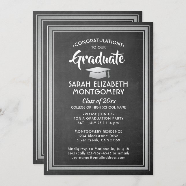 Invitation 1 Photo Félicitations Chalkboard Grey Graduation (Devant / Derrière)