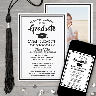 Invitation 1 Photo Simple Elegant noir et blanc Graduation