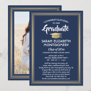 Invitation 1 Photo Virtual Graduation Party Navy Blue & Gold