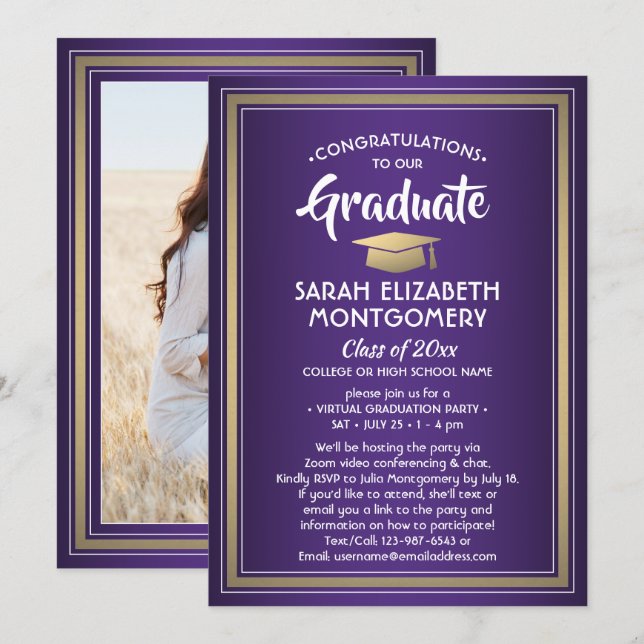 Invitation 1 Photo Virtual Graduation Party Purple Gold White (Devant / Derrière)