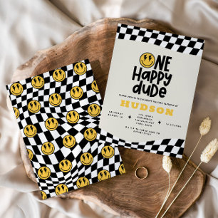 Invitation 1anniversaire sourire visage rétro noir blanc supe