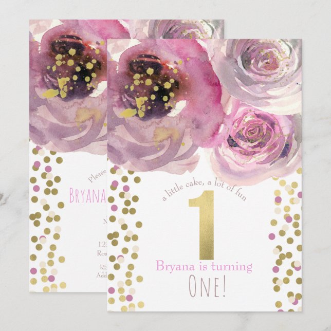 Invitation 1er 1 fête d'anniversaire rose & or moderne Floral (Devant / Derrière)