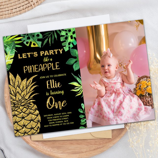 Invitation 1er Ananas noir en Parties scintillant dorée avec  (1st Black Golden Glitter Pineapple with photo Invitation)