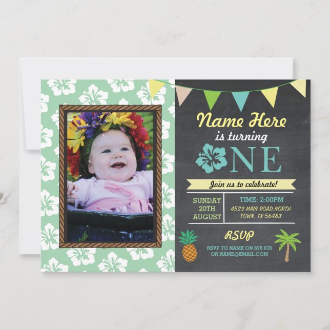 Invitation 1er anniversaire 1 Aloha Tropical Photo Party Invi (Devant)