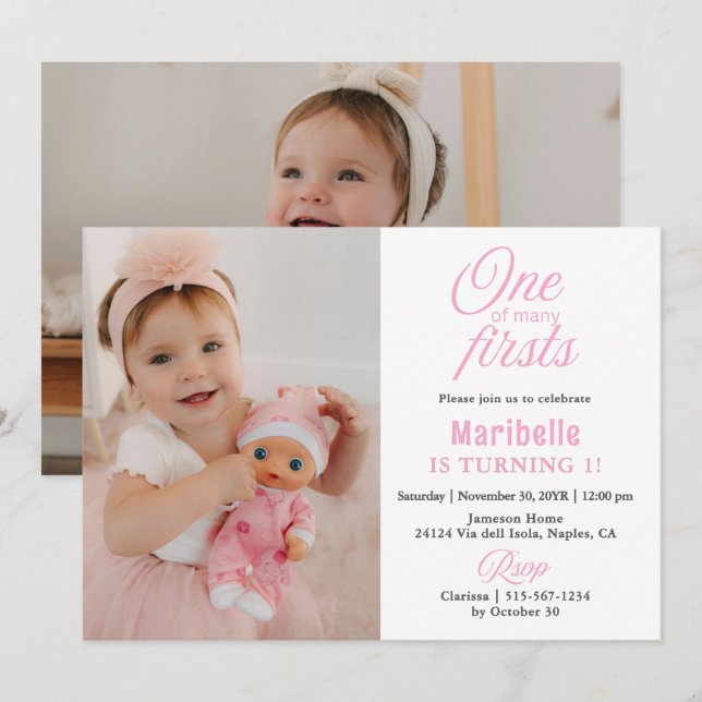 Invitation 1er anniversaire 2 Photo Cute Girl Une des nombreu (Devant / Derrière)