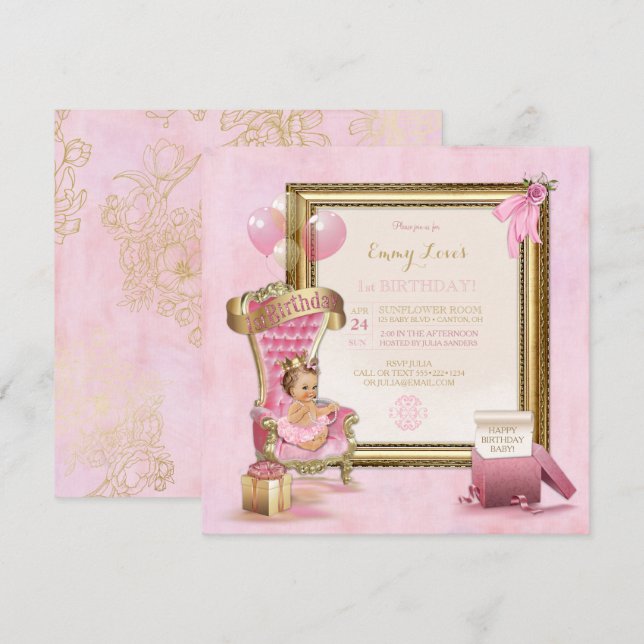 Invitation 1er anniversaire Baby Girl Princess Throne Or rose (Devant / Derrière)