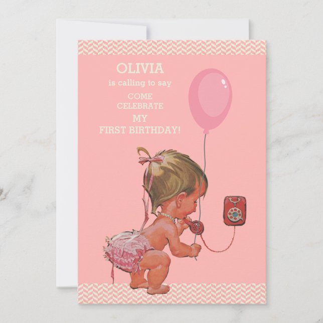 Invitation 1er anniversaire Baby Girl Téléphone Balloon Chevr (Devant)
