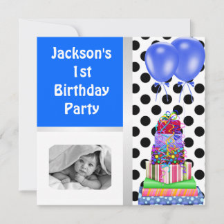 Invitation 1er Anniversaire Ballons Cadeaux Noir & Blanc Bleu