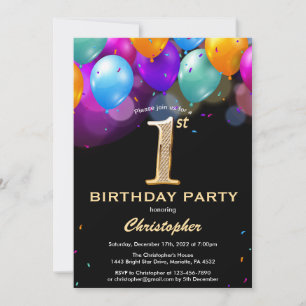 Invitation 1er Anniversaire Ballons noirs et dorés