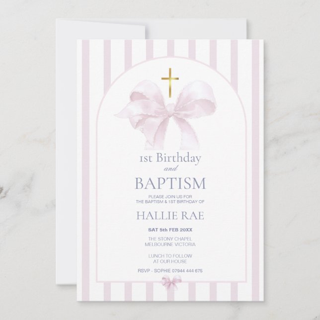 Invitation 1er Anniversaire & Baptême, Bow Rose & Stripe (Devant)