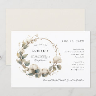 Invitation 1er anniversaire Baptême coton et couronne eucalyp