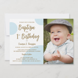 Invitation 1er Anniversaire Baptême Photo Blue Gold Custom