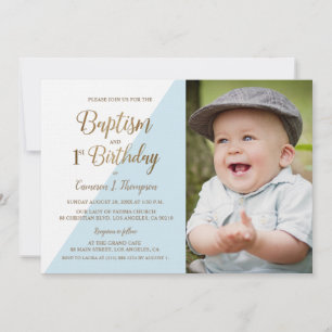 Invitation 1er Anniversaire Baptême Photo Blue Gold Glitte Cu