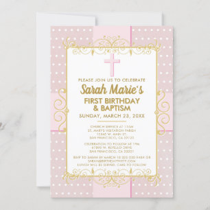 Invitation 1er Anniversaire Baptême Pink Gold Texte Pointe