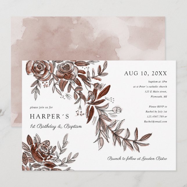 Invitation 1er anniversaire Baptême rose aquarelle florale (Devant / Derrière)