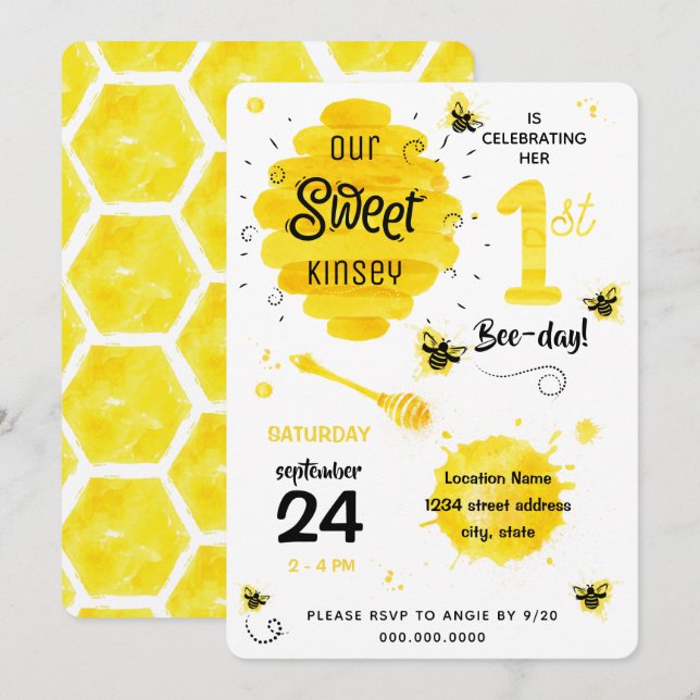 Invitation 1er anniversaire bee bee day party (Devant / Derrière)