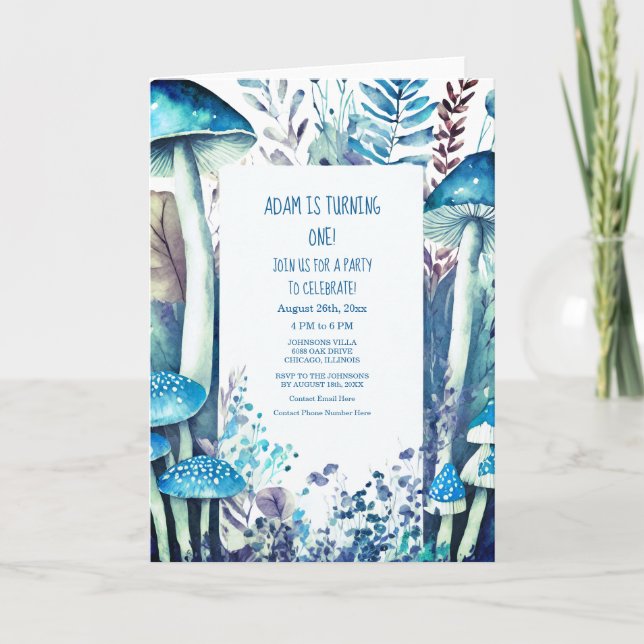 Invitation 1er Anniversaire Bleu Blanc Champignons Bois Party (Devant)