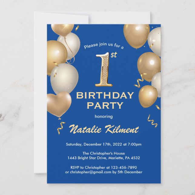 Invitation 1er Anniversaire Bleu et Or Parties scintillant Ba (Devant)