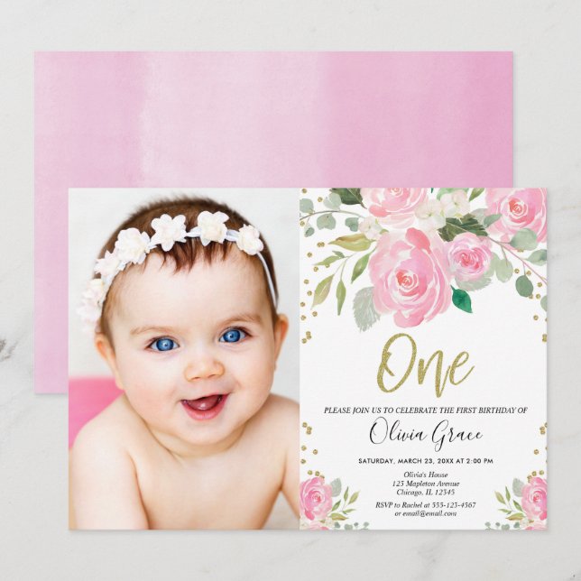 Invitation 1er anniversaire blush rose or floral photo annive (Devant / Derrière)