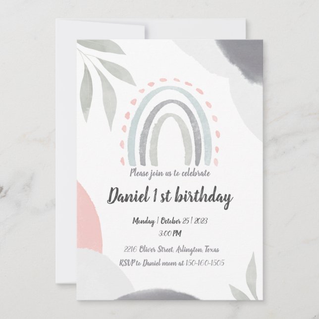 Invitation 1er anniversaire boho aquarelle bébé shawer (Devant)