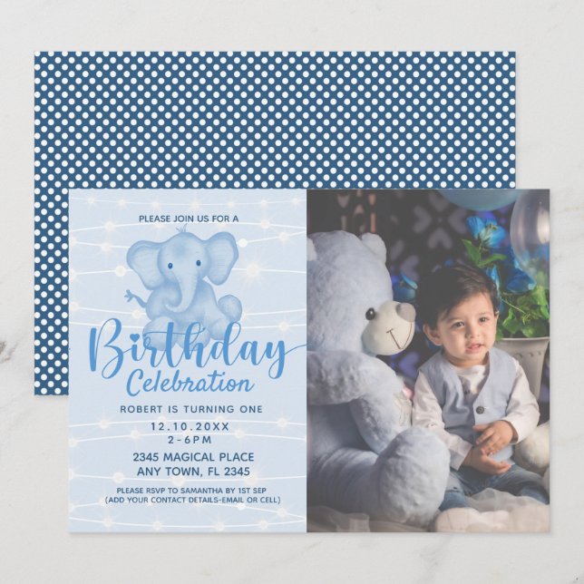 Invitation 1er anniversaire Boy Cute Elephant String Lights (Devant / Derrière)