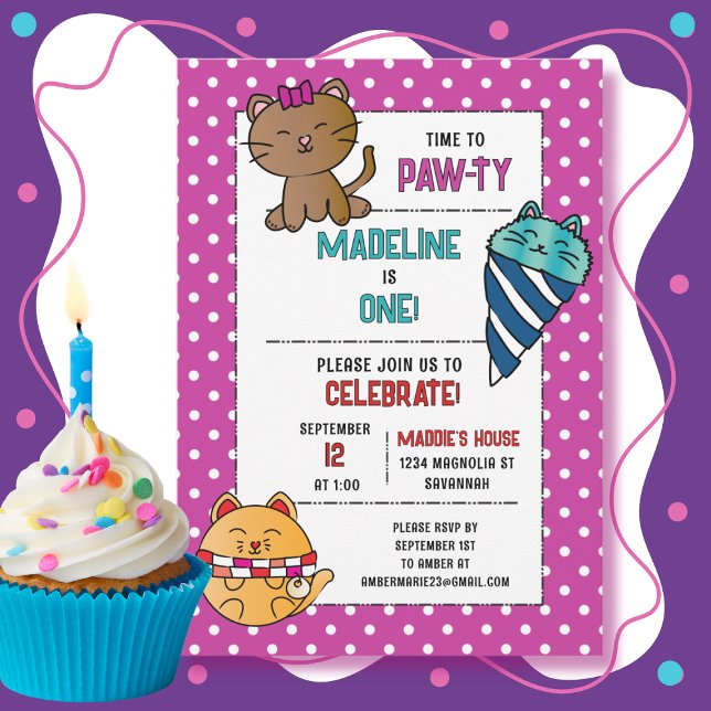 Invitation 1er Anniversaire Cat Cartoon Cute Kitten Kids Part (Créateur téléchargé)