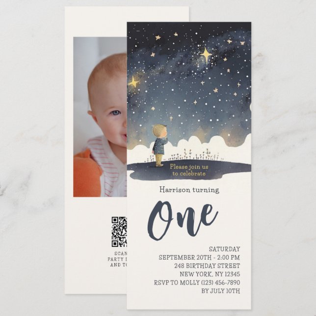Invitation 1er Anniversaire Céleste Étoiles Aquarelle Garçon  (Devant / Derrière)