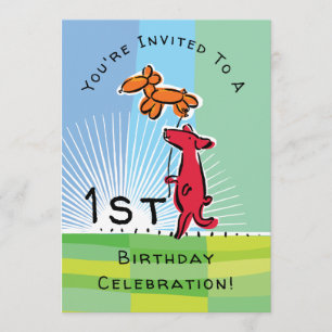 Invitation 1er anniversaire Chien rouge avec Doggie Balloon P