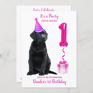 Invitation 1er Anniversaire Chiot Thème - Mignonne Chien Rose