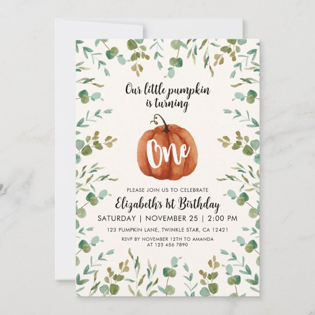Invitation 1er Anniversaire Citrouille & Eucalyptus (Devant)