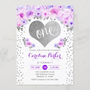 Invitation 1er Anniversaire - Coeur d'Argent Blanc Violet Flo
