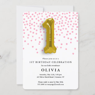 Invitation 1er Anniversaire Confetti rose et ballon or