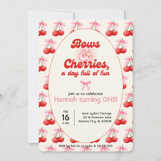 Invitation 1er Anniversaire Coquette Cerises Bows Bulles Lett (Devant)