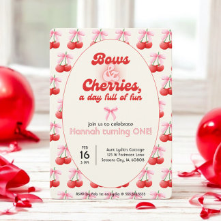 Invitation 1er Anniversaire Coquette Cerises Bows Bulles Lett