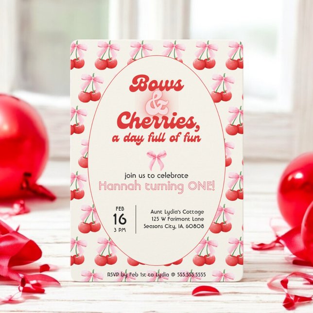 Invitation 1er Anniversaire Coquette Cerises Bows Bulles Lett (Créateur téléchargé)