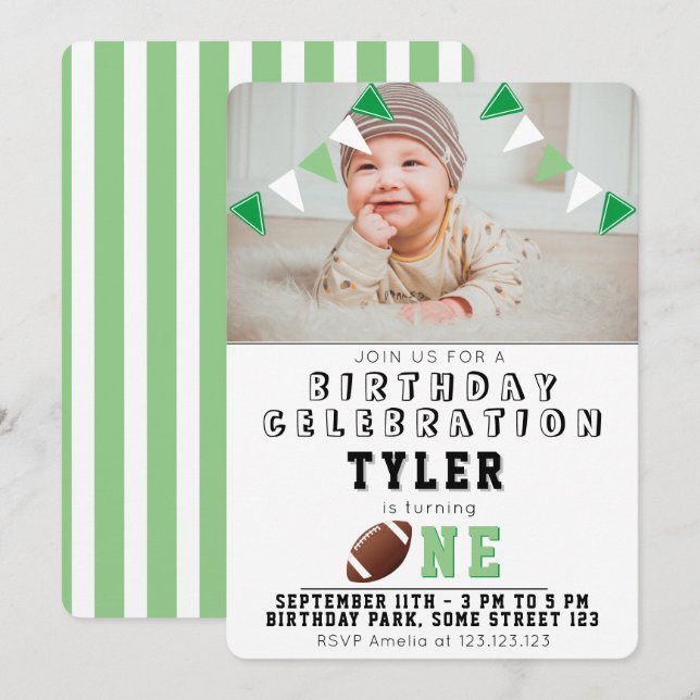 Invitation 1er Anniversaire Cute American Football Kids Photo (Devant / Derrière)