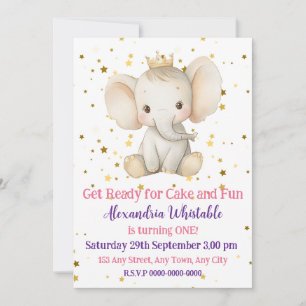 Invitation 1er anniversaire de bébé éléphant princesse person