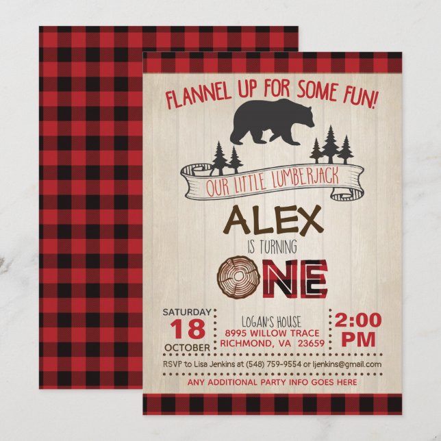 Invitation 1er anniversaire de bûcheron - Rouge/Ours (Devant / Derrière)
