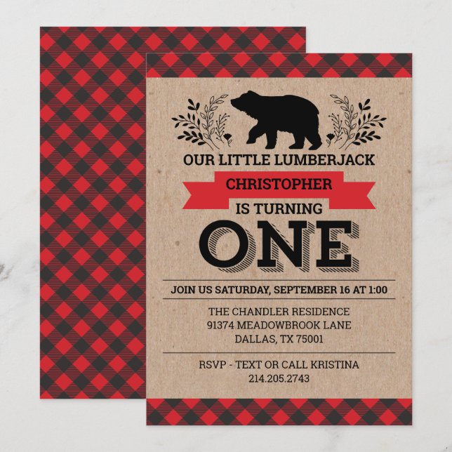Invitation 1er anniversaire de fête Buffalo Plaid Lumberjack (Devant / Derrière)