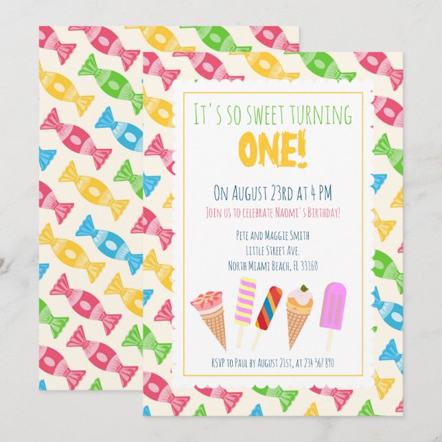Invitation 1er anniversaire de la crème glacée fille fête (Devant / Derrière)
